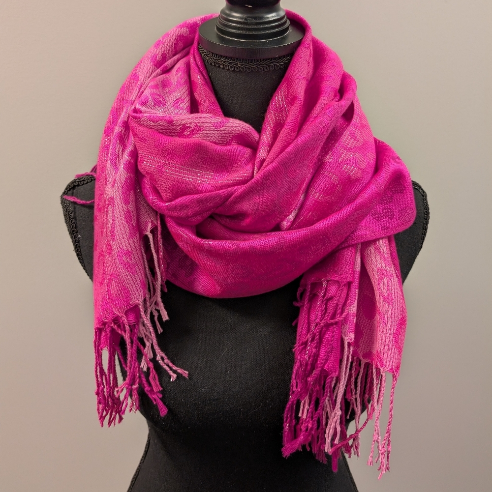 Pashmire Bright Pink Animal Print Fringe Scarf Metallic Thread Wrap Shawl